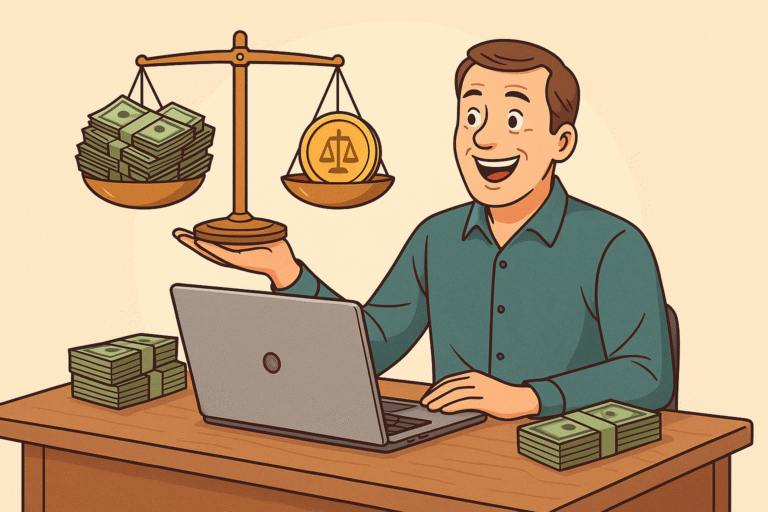 Illustration of a middle-aged man calmly working at a home office desk, with subtle financial symbols like charts and dollar signs representing steady online income growth and work-life balance.