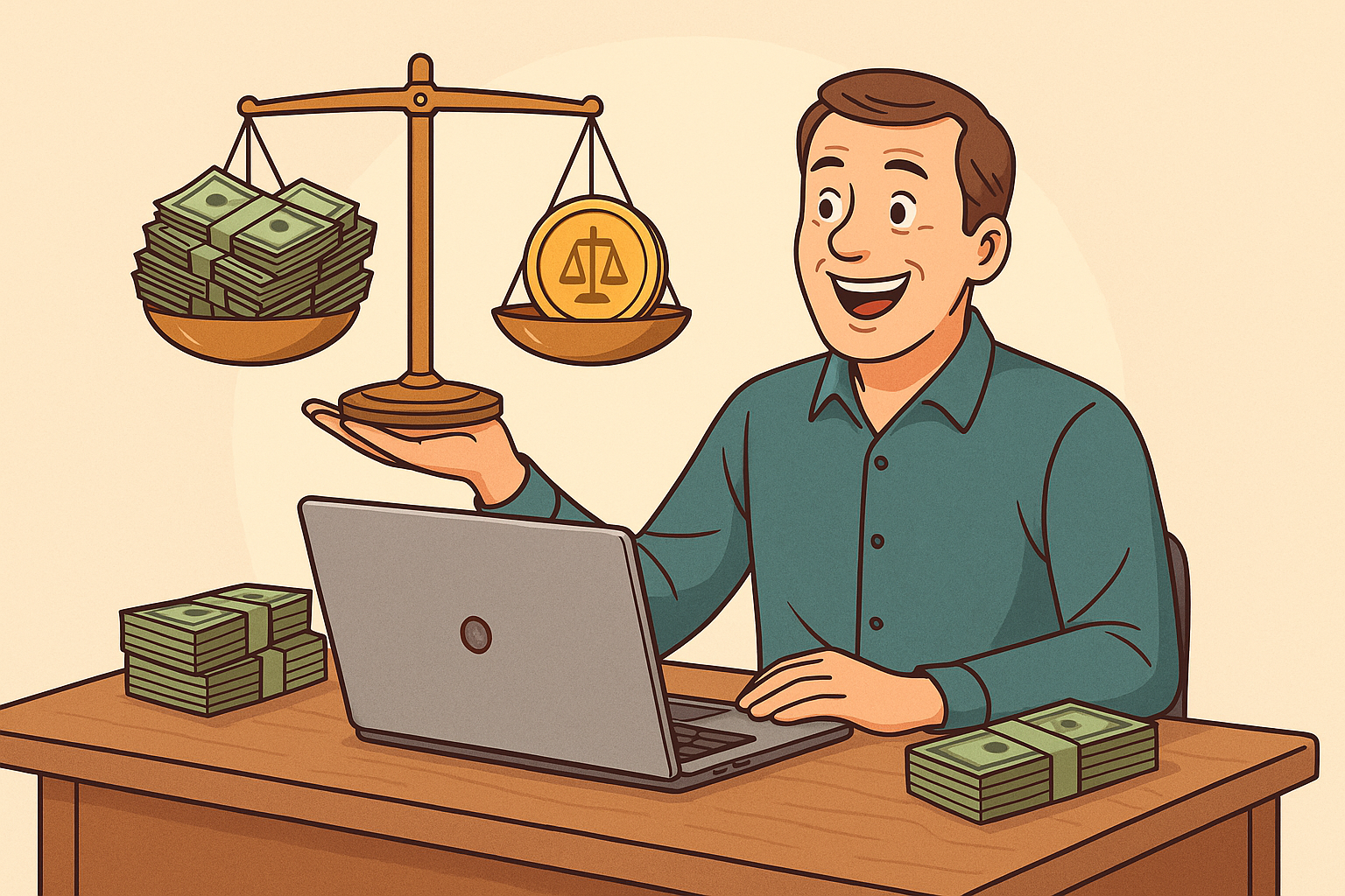 Illustration of a middle-aged man calmly working at a home office desk, with subtle financial symbols like charts and dollar signs representing steady online income growth and work-life balance.