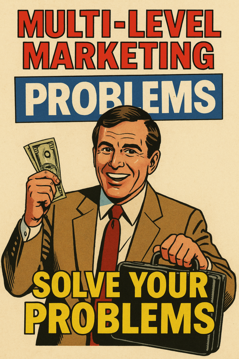 Vintage 1980s-style promotional poster featuring business professionals in suits, vibrant neon colors, and retro fonts, evoking the look of classic MLM seminar advertisements.