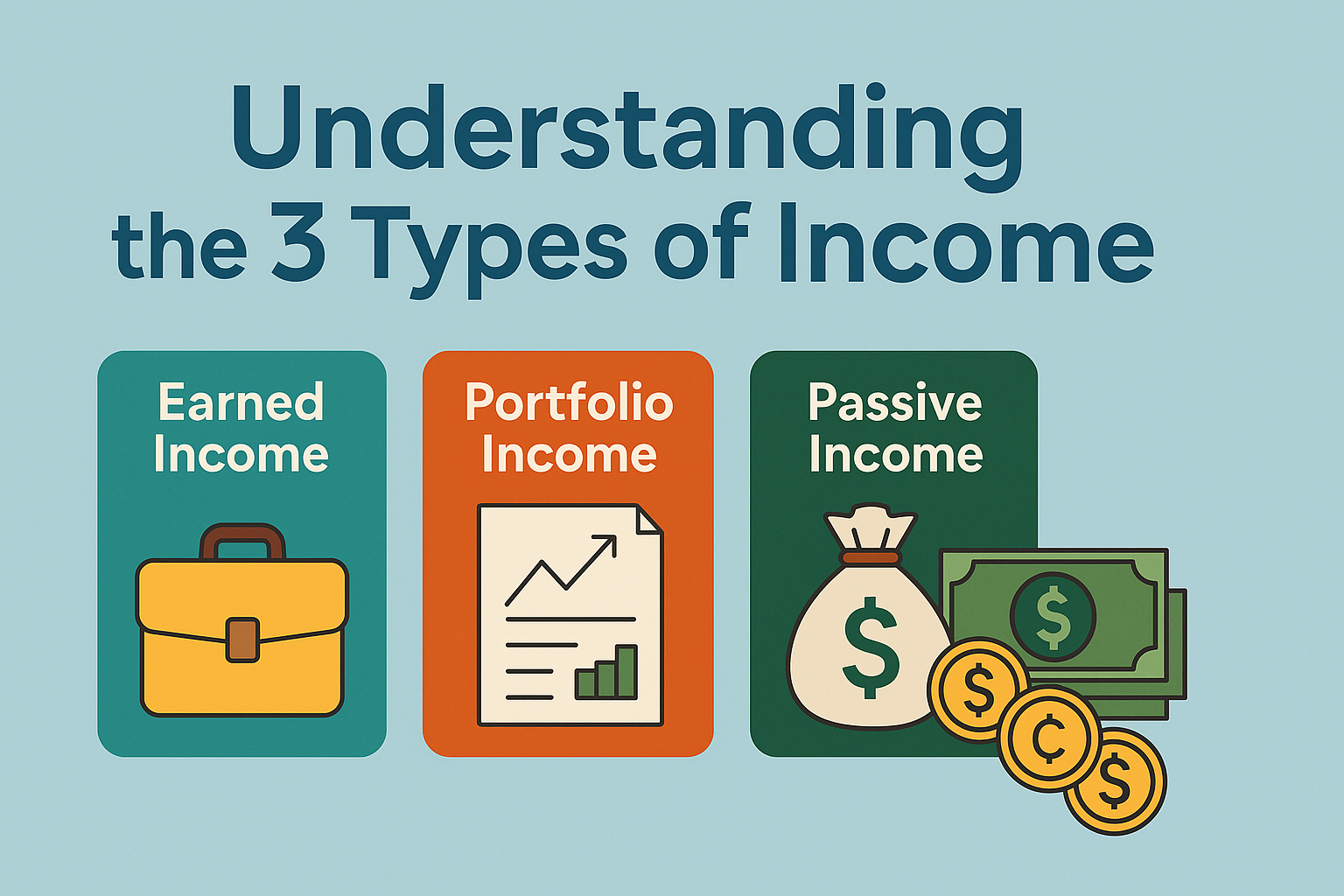Illustration showing the three types of income—earned, passive, and portfolio—with icons representing work, investments, and business growth, designed for an educational finance blog post