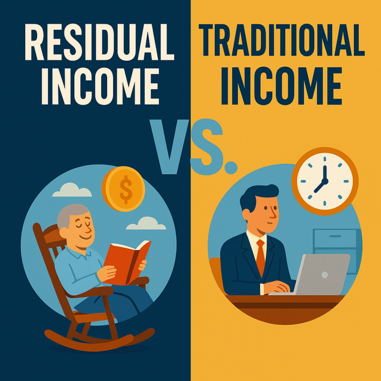 A 2D digital graphic comparing traditional income and residual income with icons representing hourly wages and passive income streams, illustrating financial independence and online income opportunities.