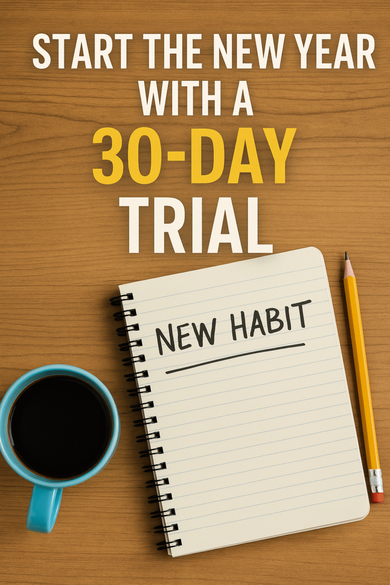 A digital photograph featuring a motivational flat lay with a calendar, notepad, and coffee cup, symbolizing a fresh start for the New Year and the concept of beginning a 30-day habit challenge.