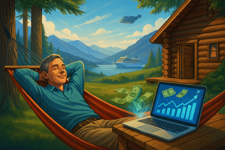 A middle-aged man working from home with a laptop, surrounded by financial growth symbols like coins, charts, and graphs—representing passive income and financial freedom