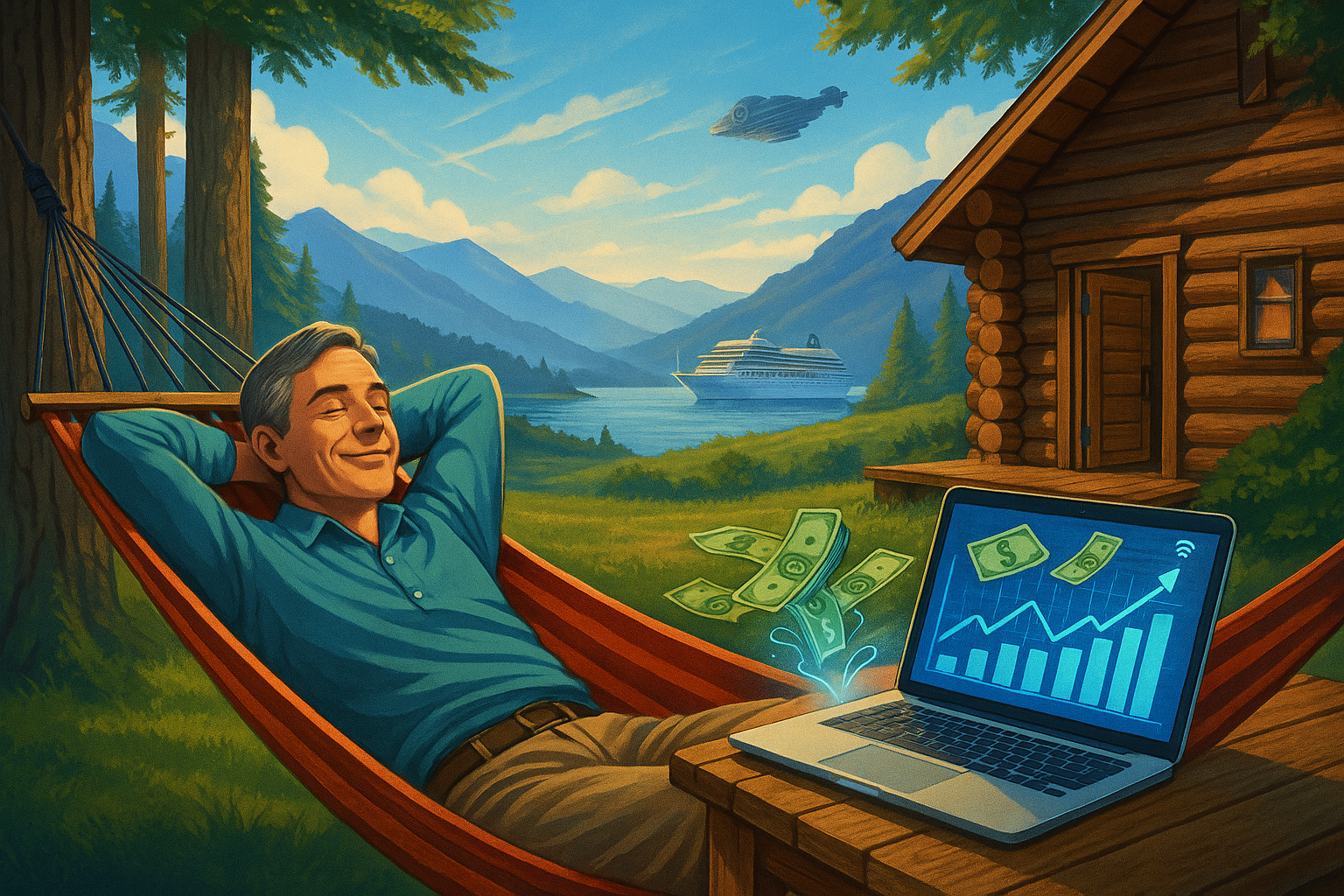 A middle-aged man working from home with a laptop, surrounded by financial growth symbols like coins, charts, and graphs—representing passive income and financial freedom