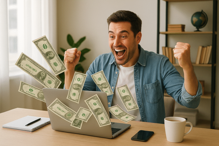A thrilled young man working from home, celebrating as paper money flies out of his laptop screen—symbolizing online business success and financial freedom.