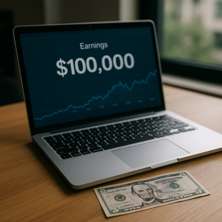A desk scene — laptop open to earnings dashboard and the screen shows a $100,000 balance, and beside the laptop, only a $5 bill.