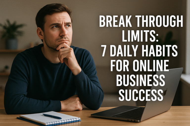 Photo of a focused man sitting at a desk with a laptop, thinking deeply about online business strategies, with text overlay: 'Break Through Limits: 7 Daily Habits for Online Business Success'