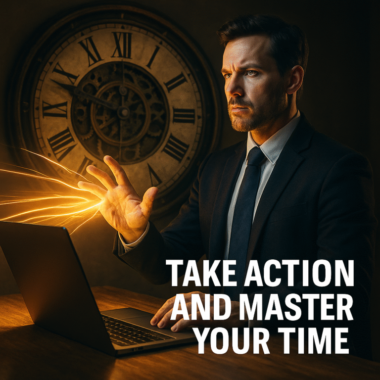 Photo-realistic image of a confident man in a long coat standing in front of a glowing clock face, symbolizing mastery of time and decisive action. The dramatic lighting and futuristic elements evoke control, power, and purpose.