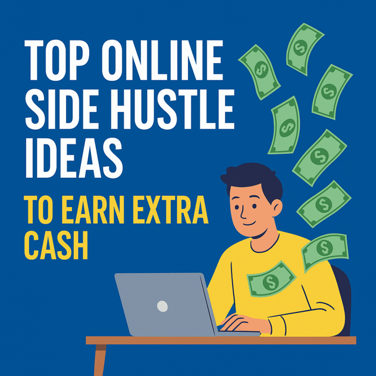 A digital illustration of a clean, organized workspace with a laptop displaying side hustle ideas, surrounded by icons representing blogging, video marketing, freelancing, and social media, symbolizing multiple online income opportunities.”
