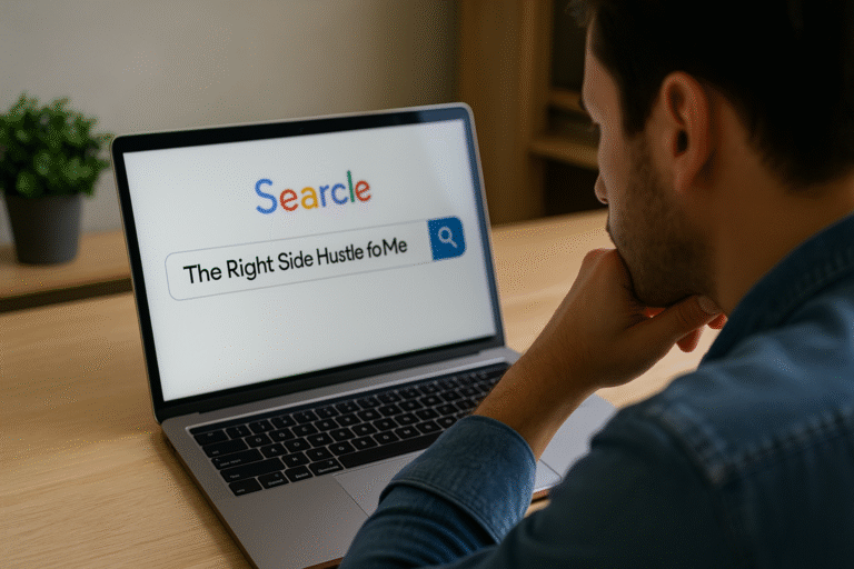 Man searching online for the best side hustle ideas on a laptop, seated at a home office desk, representing the decision-making process for starting a profitable side hustle