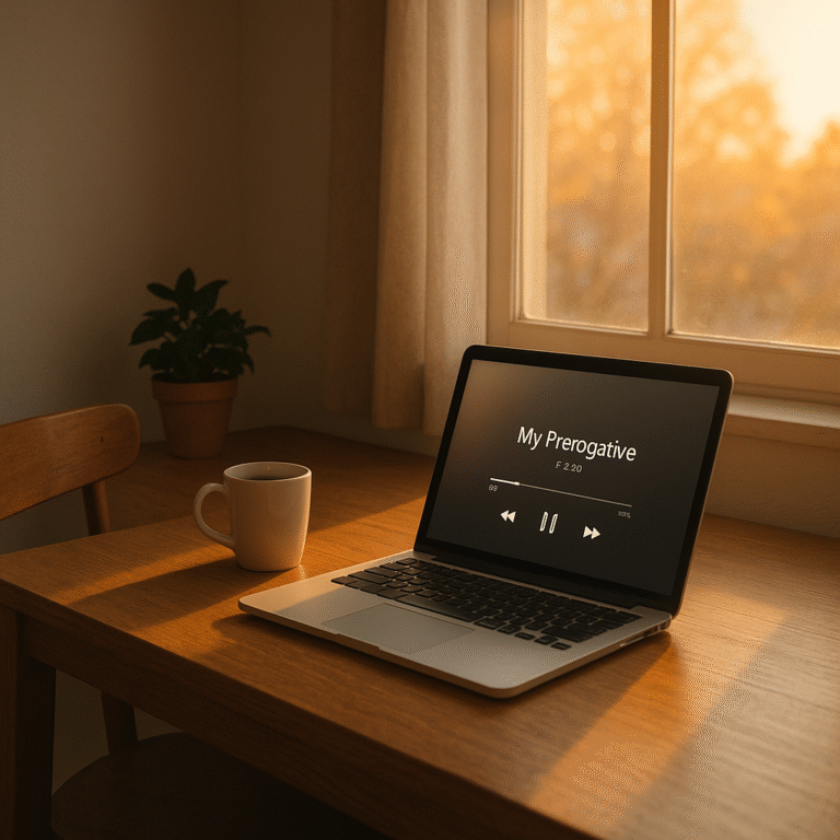 A serene home office at sunrise with a laptop and coffee cup, symbolizing the freedom and balance of working for yourself.
