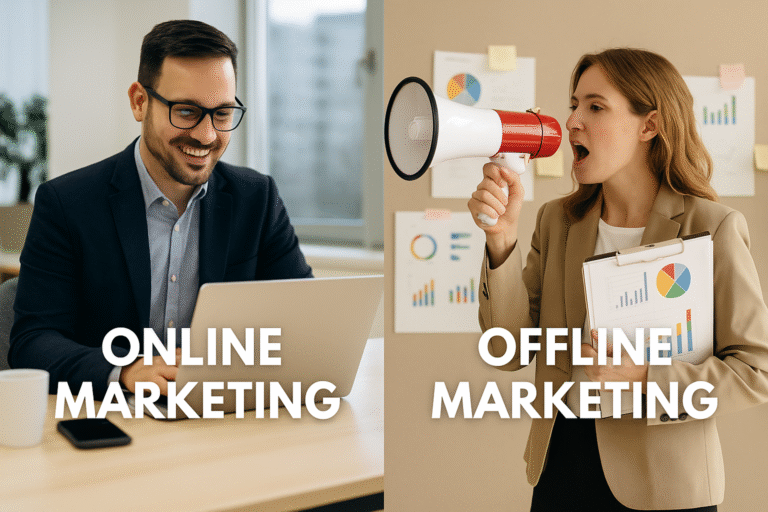 A split-view image showing two professional marketers: one sitting at a desk using a laptop for online marketing with charts and emails on screen, the other standing beside a billboard and handing out flyers, representing offline marketing strategies