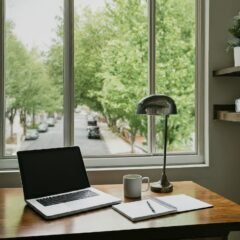 Laptop on a desk with a lamp, coffee cup, and journal. There is a window overlooking a street with trees and parked cars.