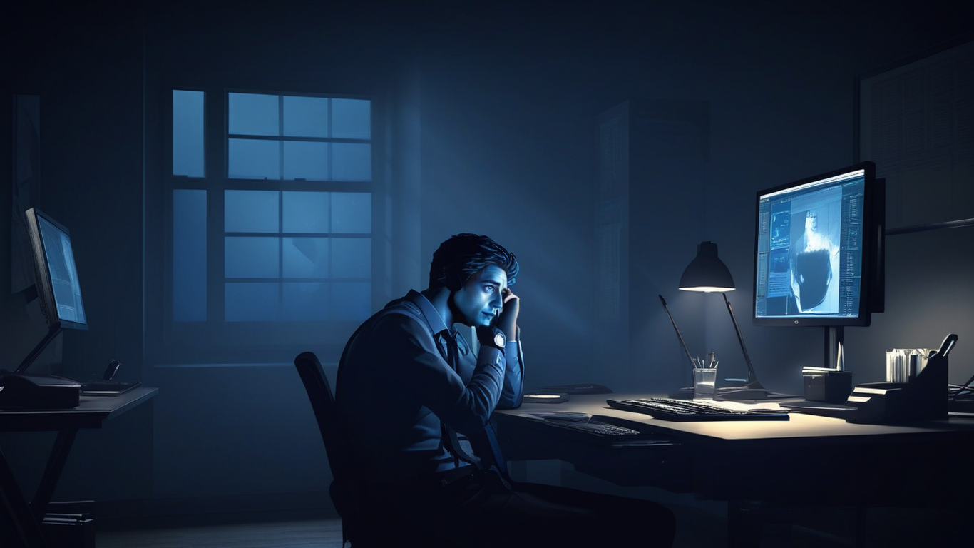 Tired individual sitting at computer desk facing a large monitor, in dimly lit room, Moonlight streaming through window casting shadows, A briefcase and tools are in the background, Person's face illuminated by computer screen, Expressing exhaustion and frustration,