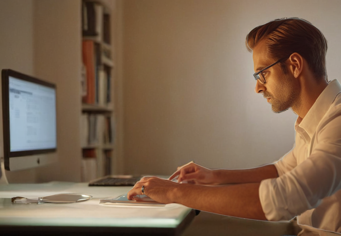 Focused person working diligently on a modern computer at home, Ambient lighting indicating late evening setting, Contemporary office environment, Multiple screens and gadgets on desk, Determined expression on person's face,