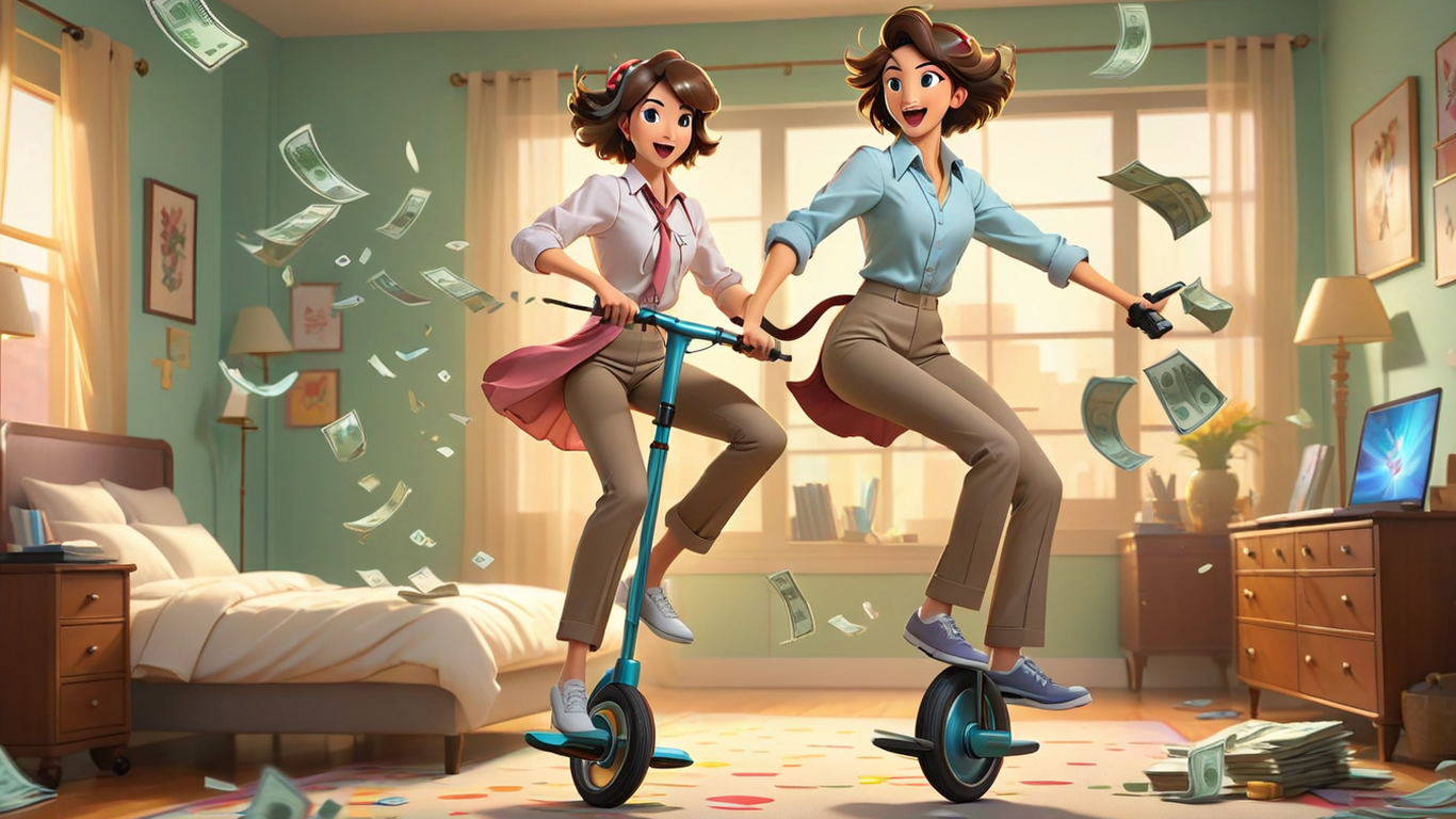 Person in dress shirt and pants sfully riding a unicycle, Juggling a vacuum cleaner, a laptop, a bag of money, and a bed, Bright and vint colors, with dynamic movement, Realistic yet with a touch of whimsy, Detailed and sharp focus, Indoor setting with clean and modern decor