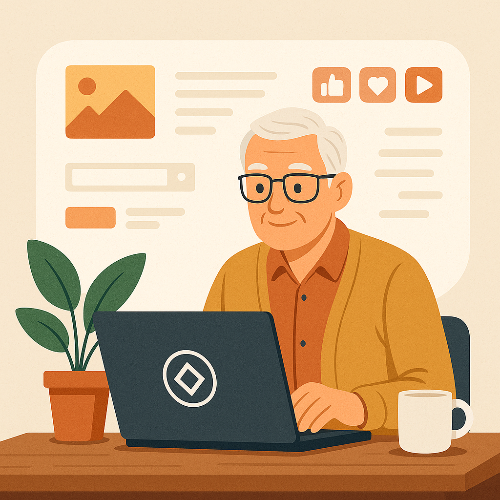 Illustration of a smiling elderly man with white hair and glasses working on a laptop at a wooden desk. The laptop features a generic logo, and the scene includes a coffee mug, potted plant, and soft-toned digital interface icons in the background, suggesting a cozy and productive online workspace.