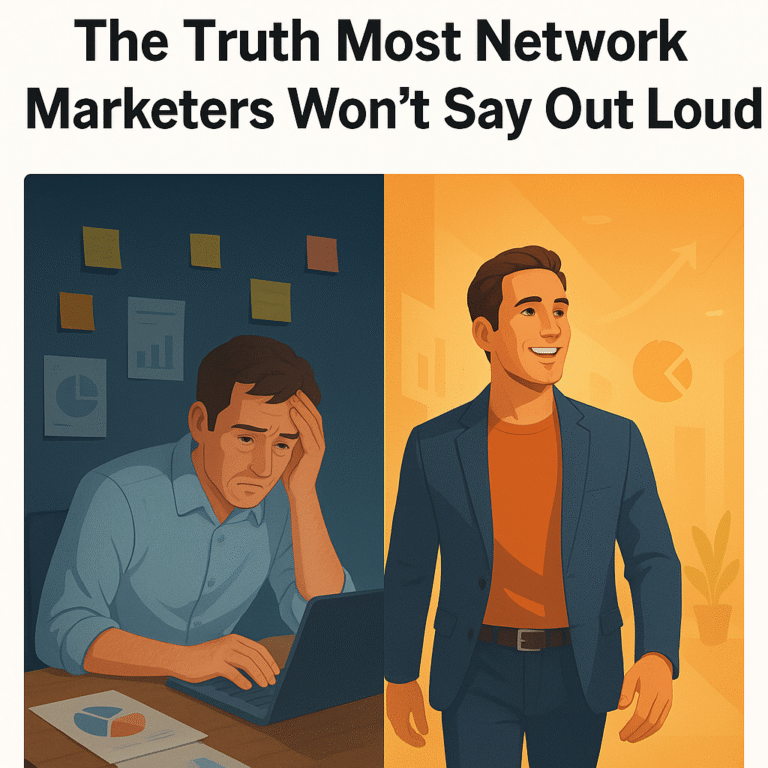 Split image of a stressed marketer at a cluttered desk on the left, and a confident, thriving professional walking through a bright, successful hallway on the right.