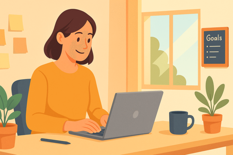Illustration of a smiling woman seated at a light wood desk in a bright, cozy home office. She’s typing on a laptop, with a coffee mug, potted plants, and a goals board on the wall nearby, and daylight streaming in through a window.