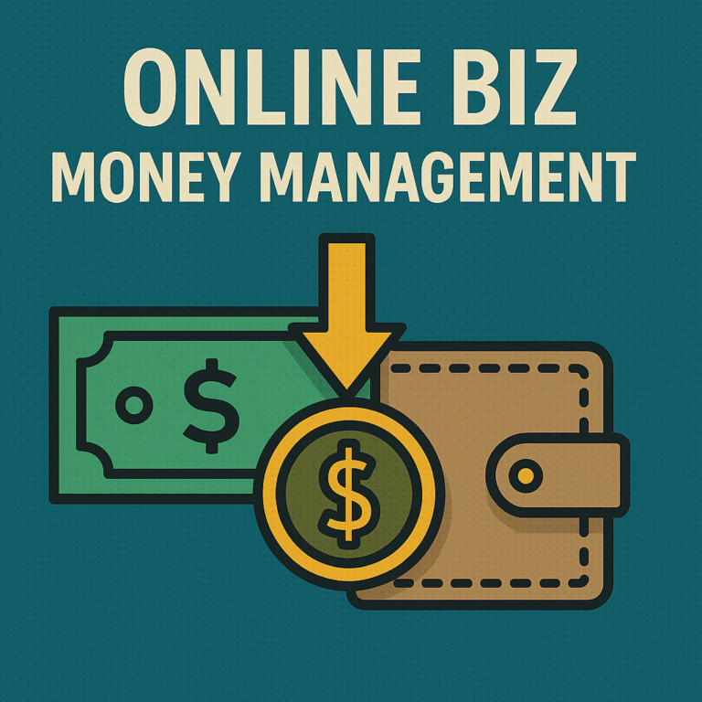 Illustration of green dollar bill, gold coin with dollar sign and downward arrow, and brown wallet on a teal background with the words Online Biz Money Management.