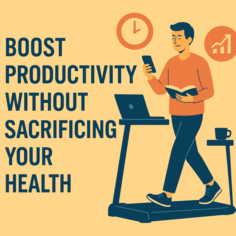 Illustration of a solo entrepreneur walking on a treadmill desk while holding a phone and notebook. A laptop and coffee cup rest on a workstation. The background includes symbolic icons of a clock and upward graph, with bold text reading “Boost Productivity Without Sacrificing Your Health.” The design uses a warm yellow background with clean, modern visuals.
