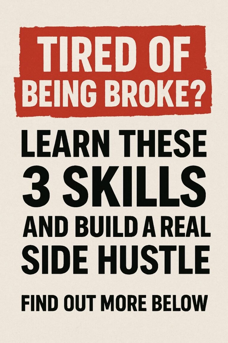 Bold graphic poster with distressed red and black text on a textured off-white background reading: Tired of Being Broke? Learn These 3 Skills and Build a Real Side Hustle. Find Out More Below. Designed to evoke urgency and frustration in a struggling economy.