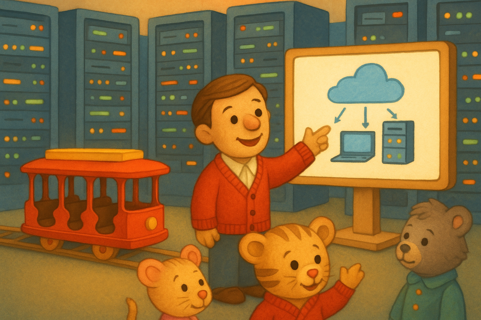 Whimsical illustration of a puppet-style tiger beside a red trolley in a friendly server room, inspired by the spirit of Mr. Rogers’ Neighborhood. This original artwork is a creative parody and tribute, used under fair-use for storytelling purposes and is not endorsed by Fred Rogers Productions.
