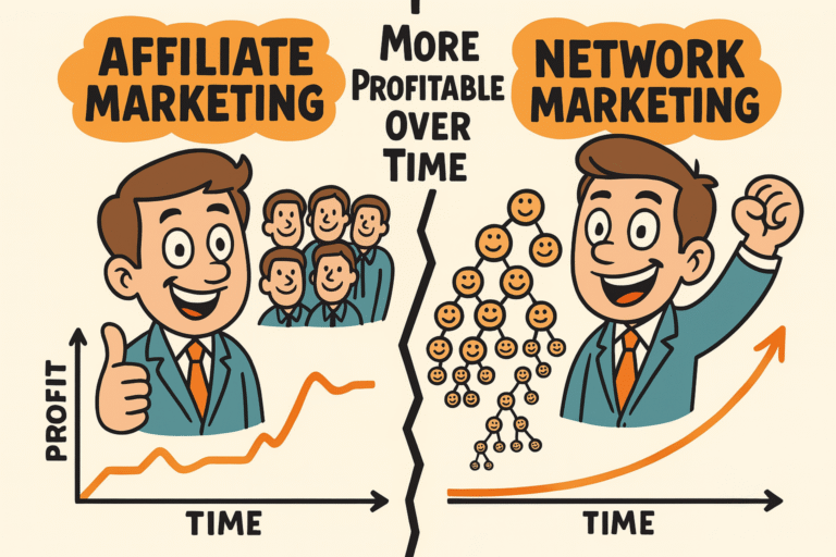 Cartoon comparison of affiliate marketing vs network marketing showing profit over time, with smiling characters and graphs illustrating affiliate income plateauing and network income growing steadily due to team duplication and depth.