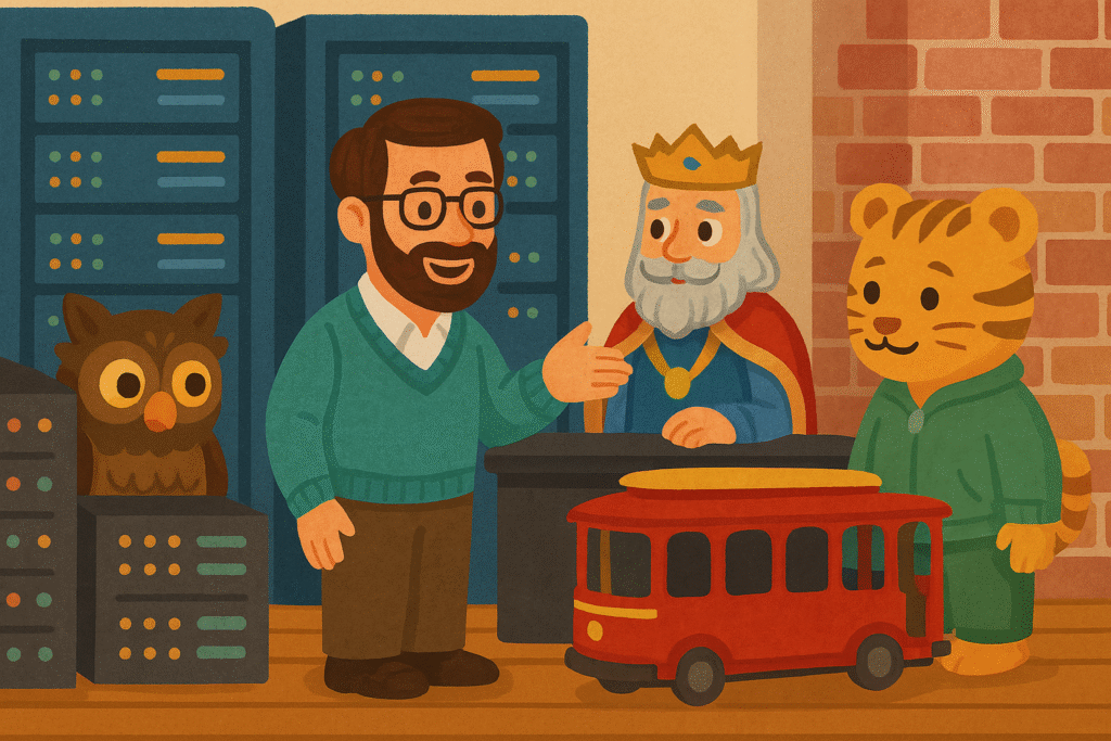Whimsical, storybook-style digital illustration depicting a friendly puppet tiger, an owl, a king figure, a red trolley, and a person in a cozy server room. Inspired by the tone and setting of classic children’s television, this original image is used under fair use for parody and tribute. It is not affiliated with or endorsed by Fred Rogers Productions.