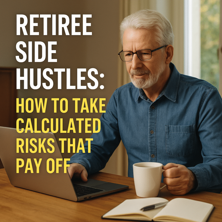 A confident retiree working on a laptop in a bright home office, symbolizing smart risk-taking and side hustle success in retirement.