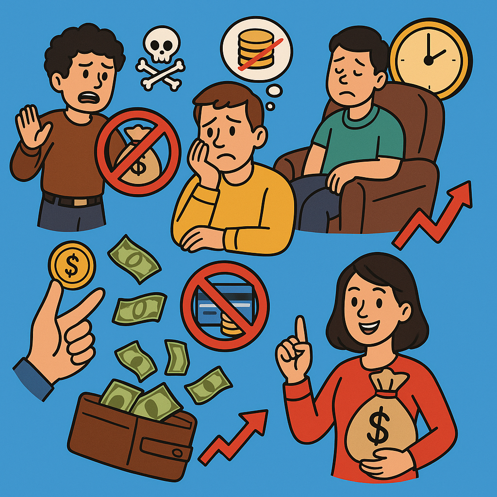 Cartoon illustration showing bad money habits like overspending and credit card debt alongside smart choices like saving, side hustles, and retiree income planning.
