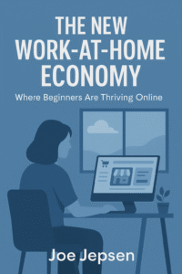 Modern blue-themed ebook cover for The New Work-at-Home Economy: Where Beginners Are Thriving Online by Joe Jepsen. The illustration shows a woman sitting at a desk, working on a computer that displays an online storefront. A window behind her reveals a calm sky with clouds and rolling hills, while a small potted plant adds a friendly, professional touch.