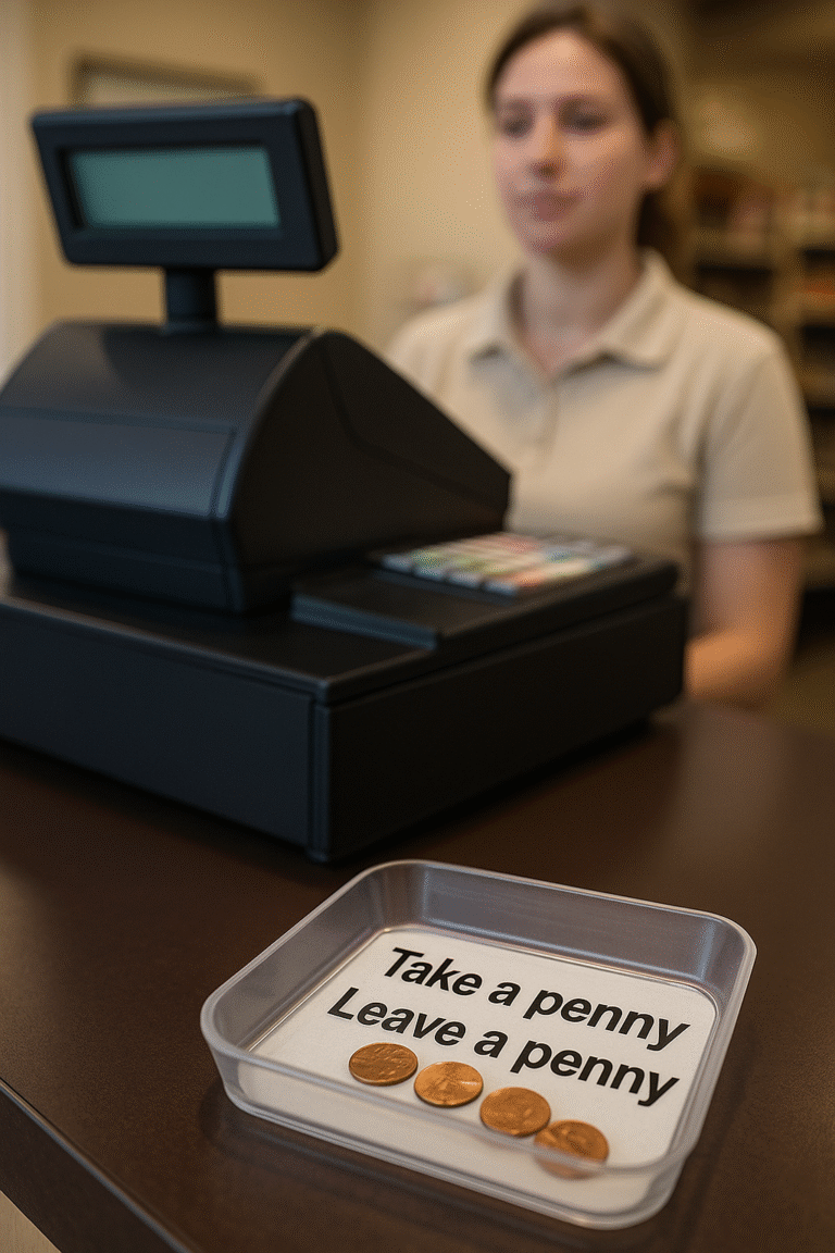 A realistic photo of a retail checkout counter showing a black cash register and a cashier in the background. In the foreground, a small tray labeled “Take a penny, Leave a penny” holds several copper pennies on the countertop.