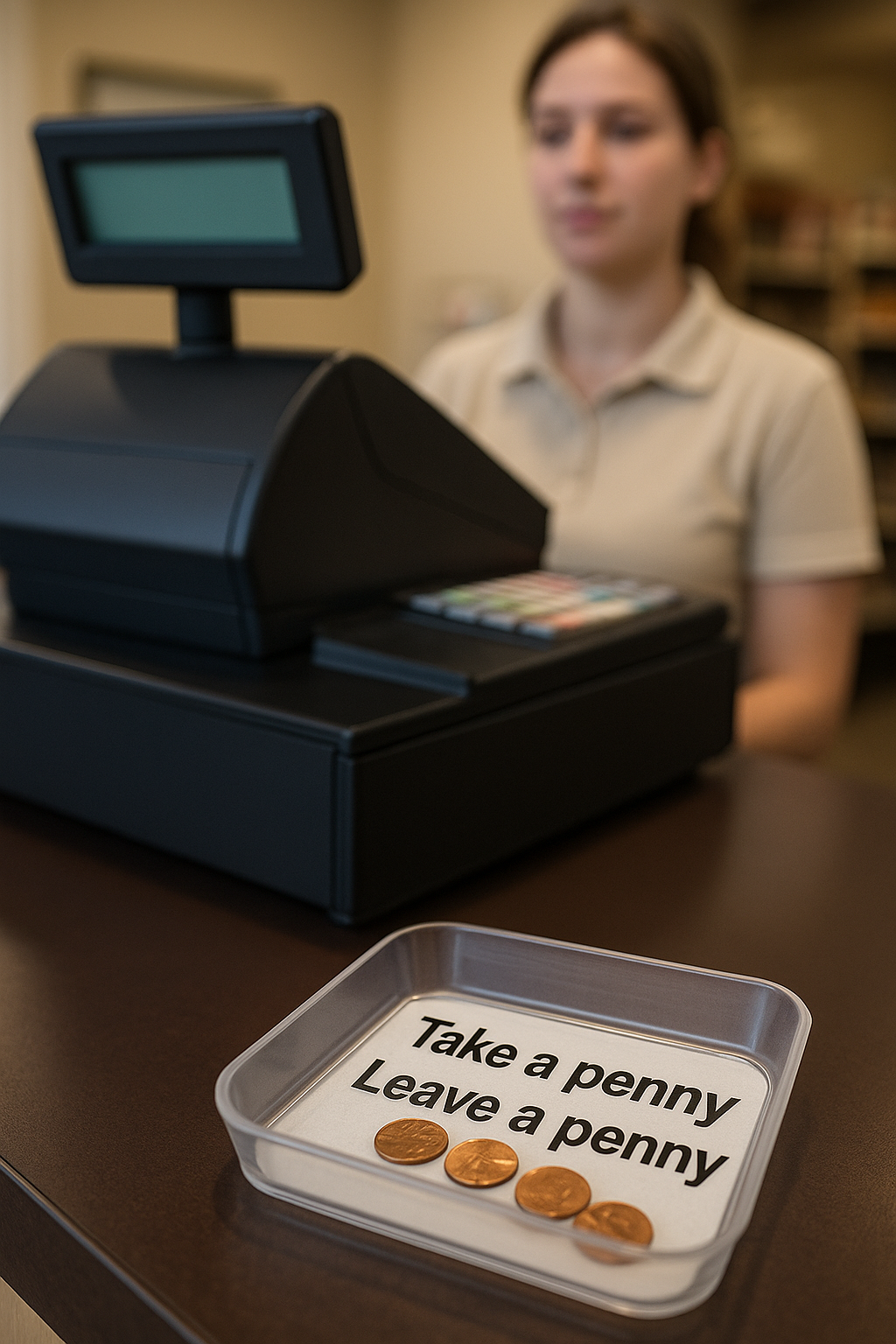 A realistic photo of a retail checkout counter showing a black cash register and a cashier in the background. In the foreground, a small tray labeled “Take a penny, Leave a penny” holds several copper pennies on the countertop.