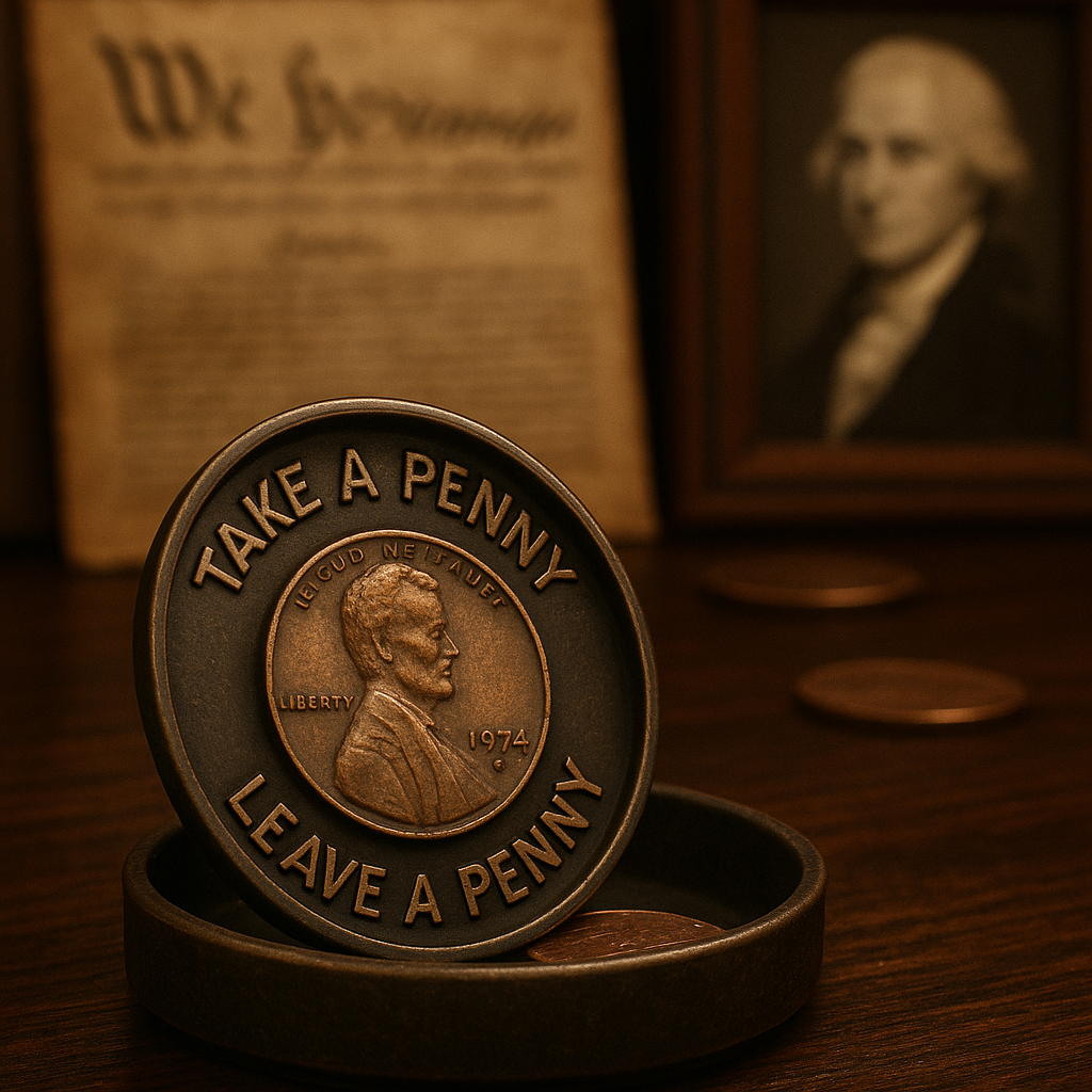 A photo-realistic image showing a 1974 U.S. penny resting in a small tray inscribed with “Take a penny, Leave a penny,” set on a wooden desk with the U.S. Constitution and a portrait of a Founding Father softly blurred in the background, symbolizing America’s monetary heritage and the historical context of currency value.