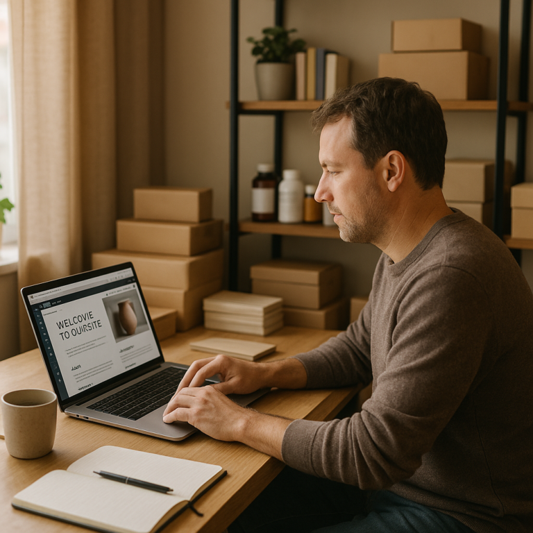 man in his 30s working in a warm, modern home office while editing a website on his laptop, surrounded by books, small plants, health products, and organized mail that create a realistic home business environment.