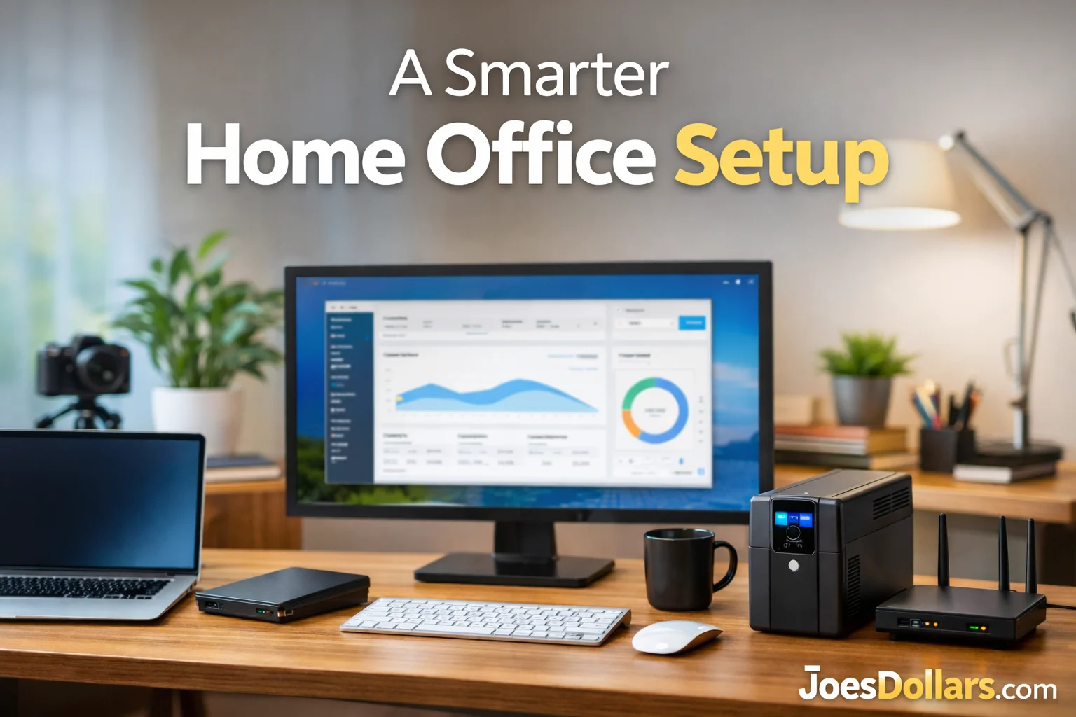 Modern home office setup with computer, monitor, battery backup, modem, and router on a desk, illustrating a reliable home network and computer setup for an online business.