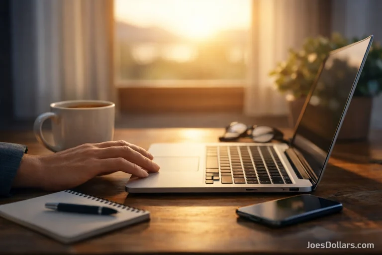 A person sitting at a desk with a laptop and coffee, preparing to take the first step toward starting an online business at home.