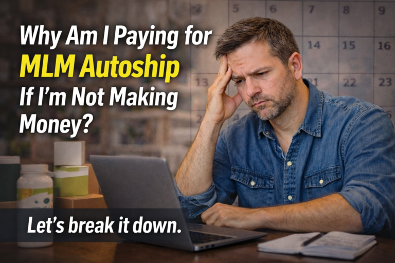 Frustrated man sitting at a table looking at a laptop with the text “Why Am I Paying for MLM Autoship If I’m Not Making Money?” and “Let’s break it down.” displayed on the image.
