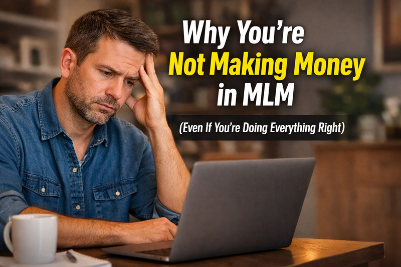 Frustrated man sitting at a table looking at a laptop with the headline “Why You’re Not Making Money in MLM (Even If You’re Doing Everything Right)” displayed beside him.