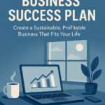 Modern blue-themed ebook cover for Your Home-Based Business Success Plan by Joe Jepsen. The design features a clean home office scene with a laptop showing a rising graph, a steaming coffee cup, and a plant beside a window with sunlight and clouds. The title appears in large white capital letters above the subtitle, “Create a Sustainable, Profitable Business That Fits Your Life.”