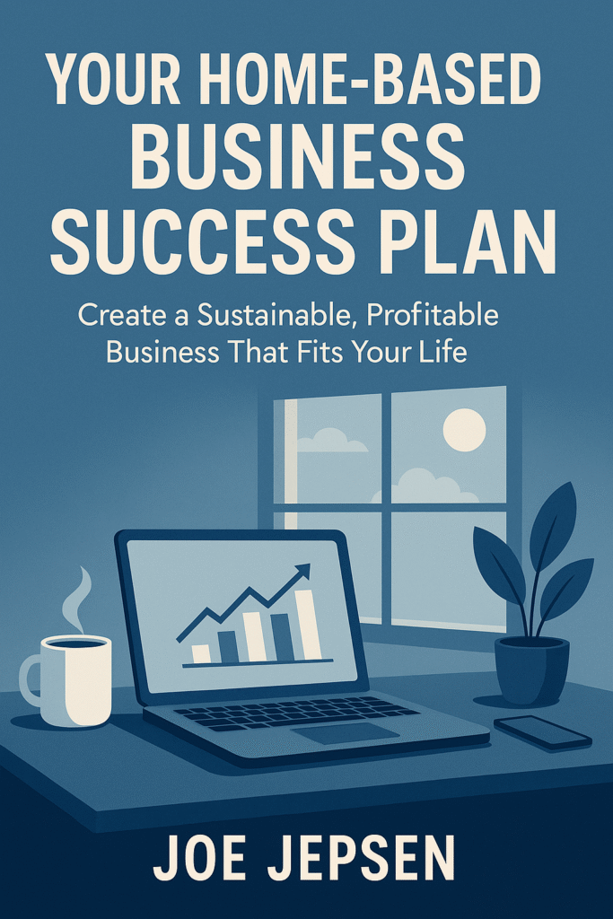 Modern blue-themed ebook cover for Your Home-Based Business Success Plan by Joe Jepsen. The design features a clean home office scene with a laptop showing a rising graph, a steaming coffee cup, and a plant beside a window with sunlight and clouds. The title appears in large white capital letters above the subtitle, “Create a Sustainable, Profitable Business That Fits Your Life.”