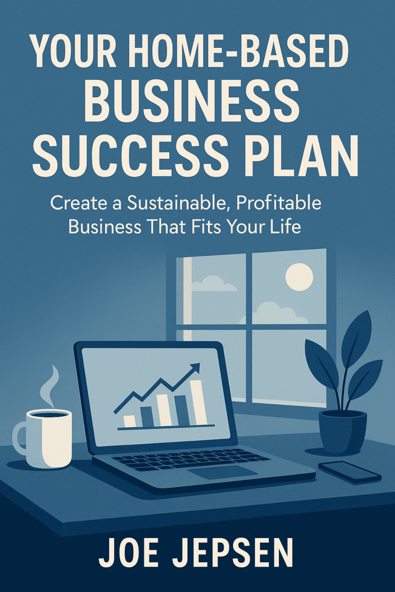 Modern blue-themed ebook cover for Your Home-Based Business Success Plan by Joe Jepsen. The design features a clean home office scene with a laptop showing a rising graph, a steaming coffee cup, and a plant beside a window with sunlight and clouds. The title appears in large white capital letters above the subtitle, “Create a Sustainable, Profitable Business That Fits Your Life.”